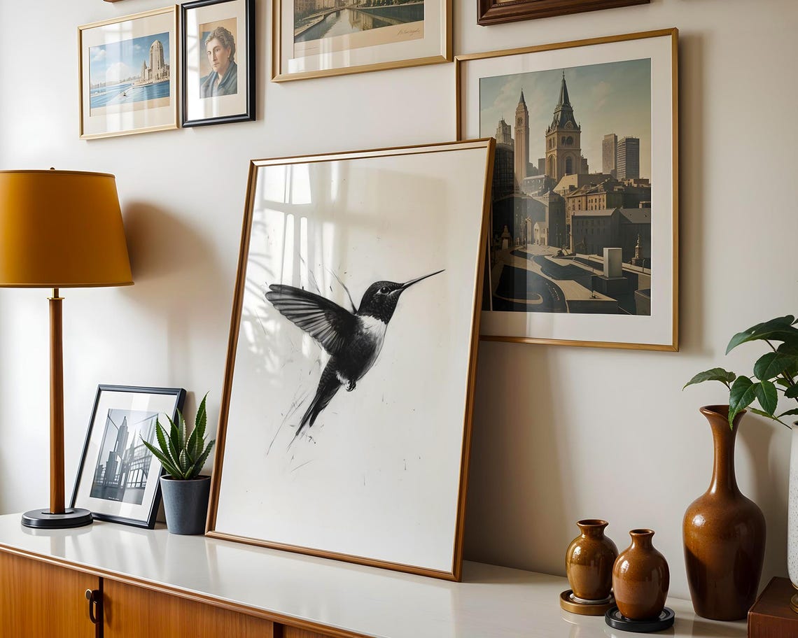 Hummingbird in Flight Black and White Charcoal Sketch Art Poster - Image 6