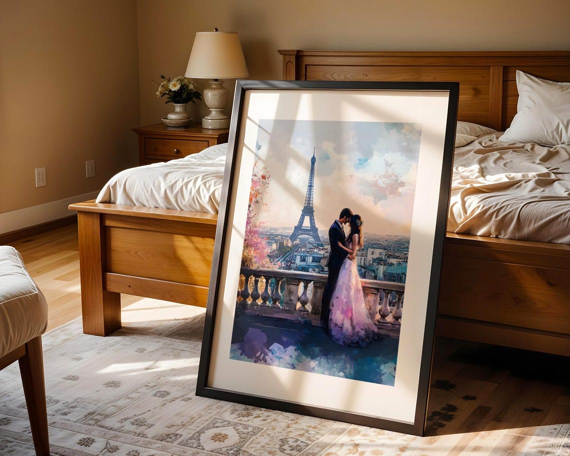 Eiffel Tower Couple Embrace Paris Rooftops Painterly Art Poster - Image 4