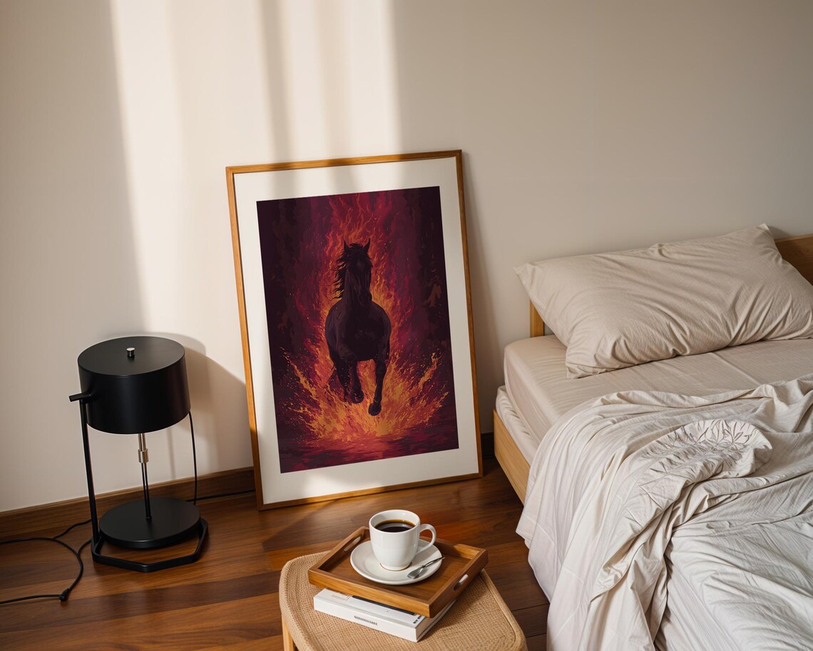 Wild Black Horse Running Through Flames Digital Painting Poster - Image 3