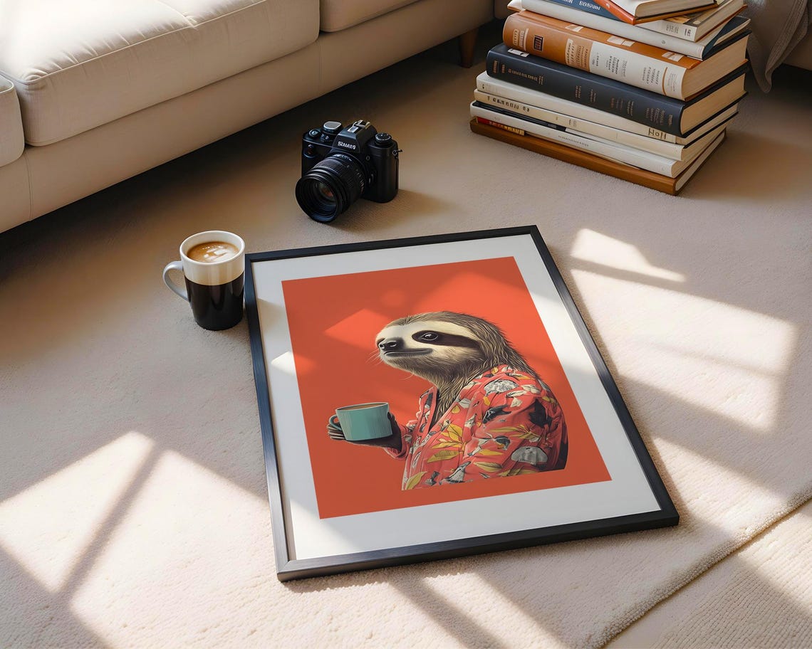 Sloth With Coffee Mug Robe Chill Animal Art Print Trendy Wall Room Decor Prints Poster - Image 3