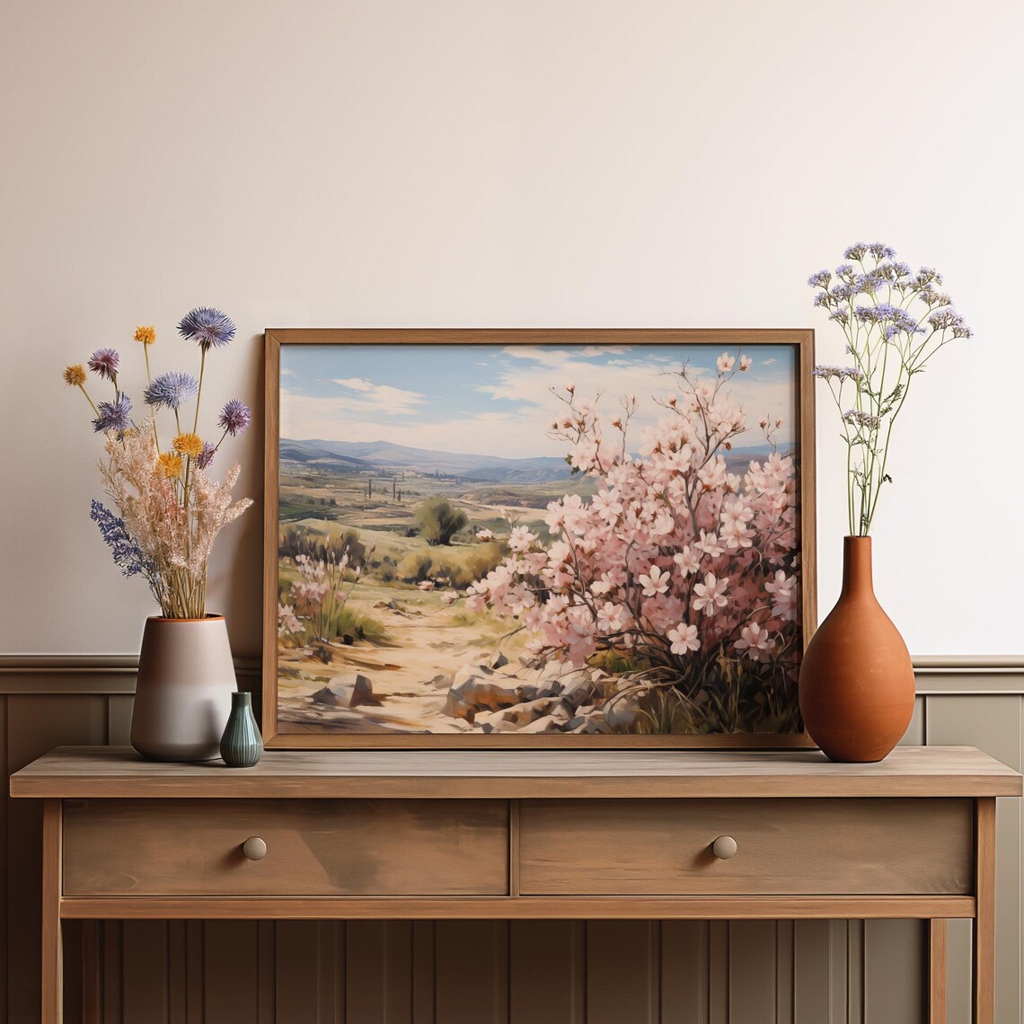 Pink Cherry Blossom Valley Mountain Spring Oil Painting Poster - Image 2