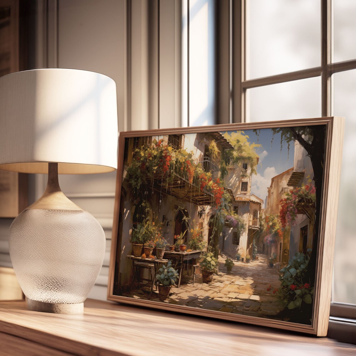 Sunlit Italian Alley Flower Boxes Bougainvillea Cafe Oil Painting Poster - Image 3