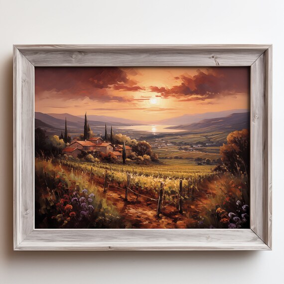 Tuscan Sunset Vineyard Hill Town Cypress Trees Oil Painting Poster