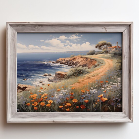 Coastal Cliff Path Orange Poppies Ocean View Vintage Painting Poster