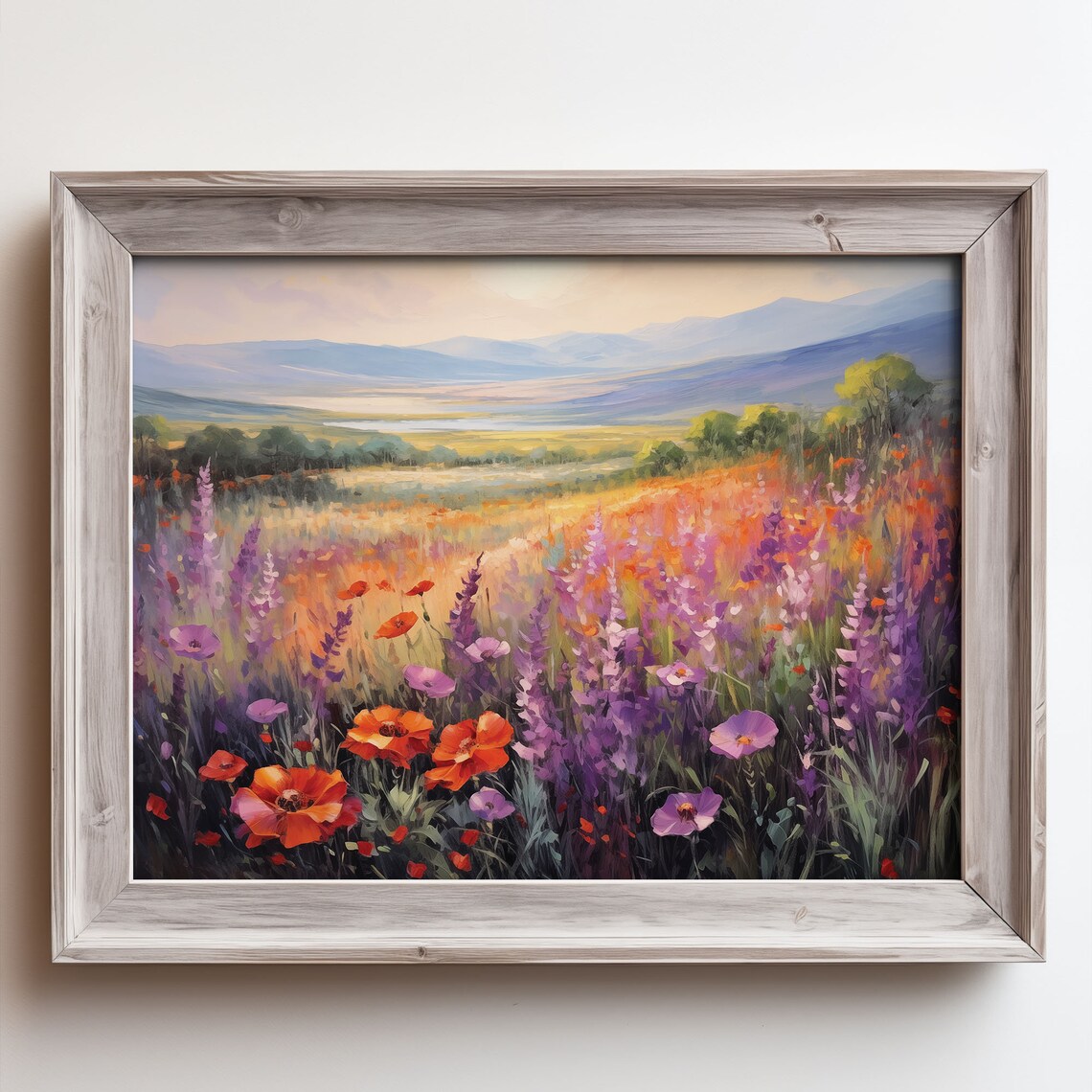 Beautiful Nature Wildflower Painting Landscape Brushstroke Antique Oil Painting Vintage Sunset Painting Springtime Print