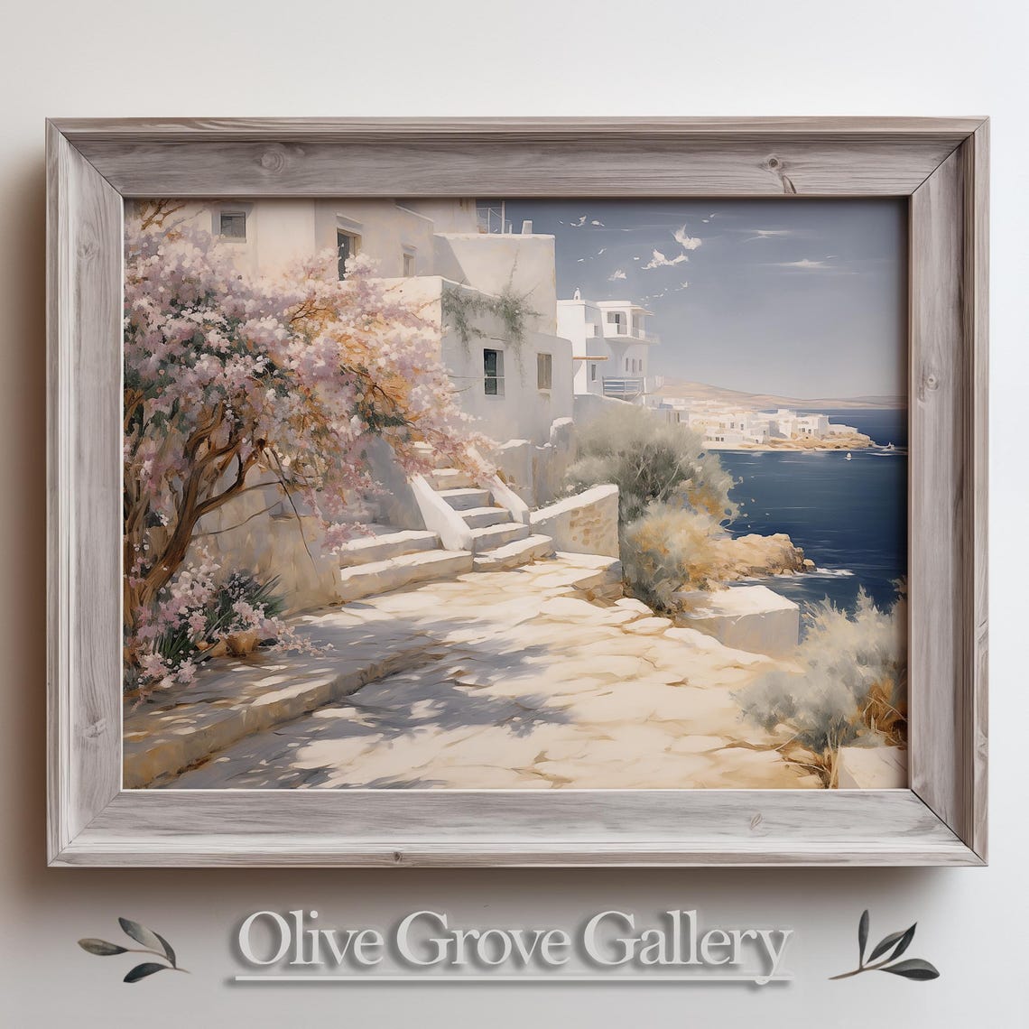 Whitewashed Coastal Village With Blooming Tree By The Sea Oil Poster