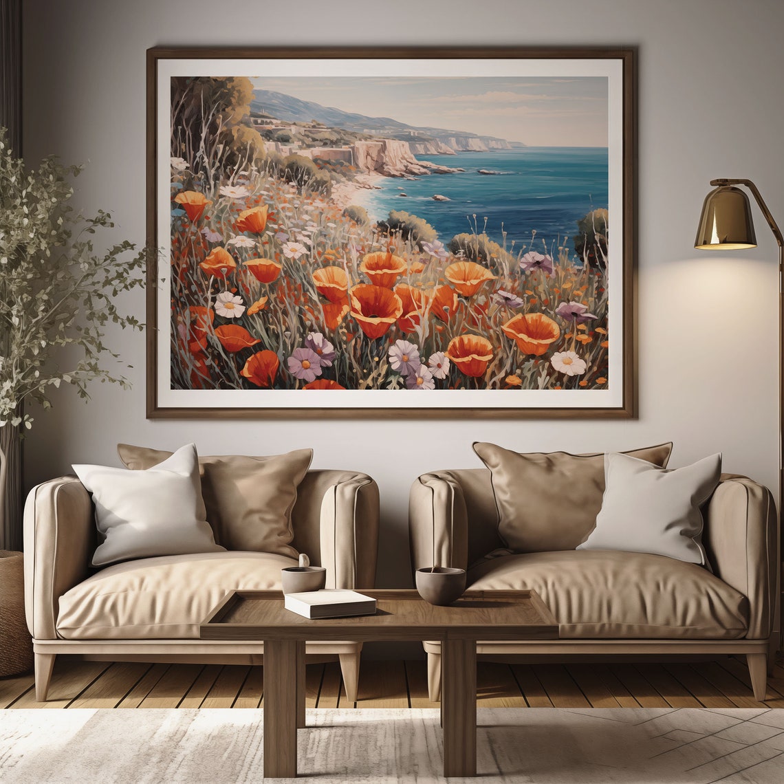 Orange Poppies On Coastal Cliffs Overlooking A Blue Sea Vintage Poster - Image 2