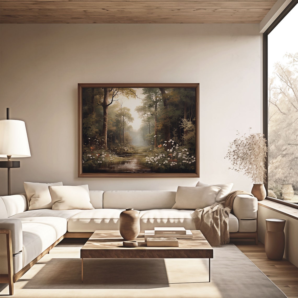 Misty Dark Forest Pond White Wildflowers Moody Oil Painting Poster - Image 4