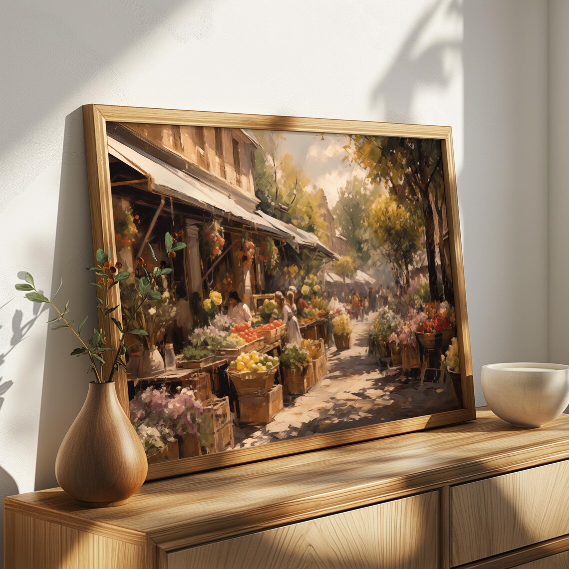 Outdoor Produce And Flower Market Baskets Shoppers Sunlit Poster - Image 4