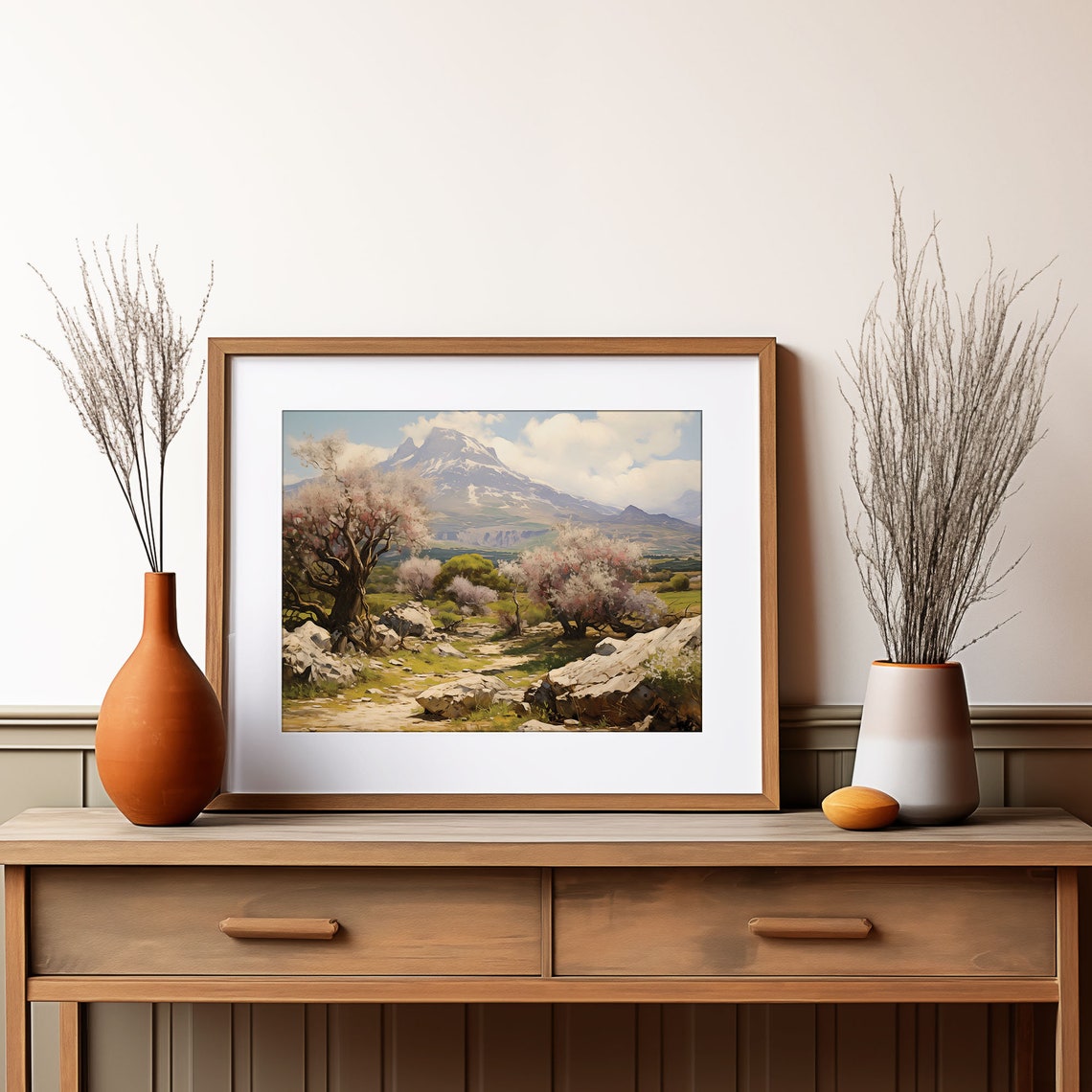 Blossoming Trees Snow Mountain Painting Rocky Meadow Spring Poster - Image 2