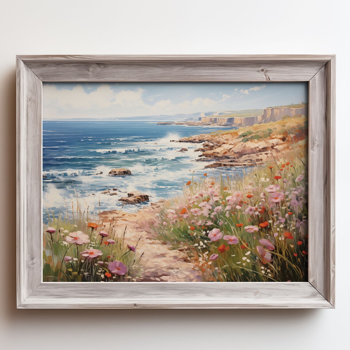 Ocean Cliff Waves Coastal Wildflowers Seascape Oil Painting Poster