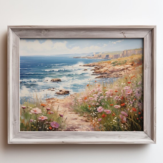 Ocean Cliff Waves Coastal Wildflowers Seascape Oil Painting Poster