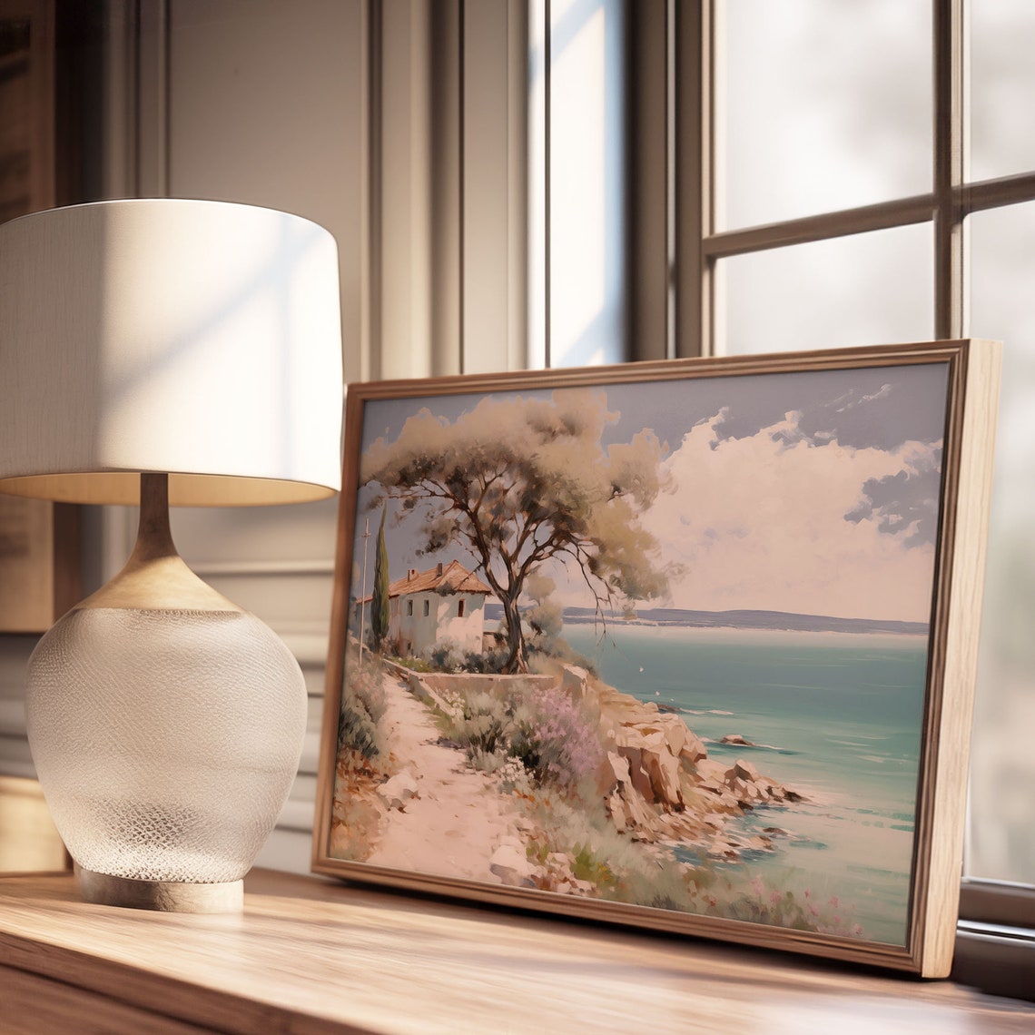 Mediterranean Villa on Rocky Cliff Oil Painting Style Poster - Image 3
