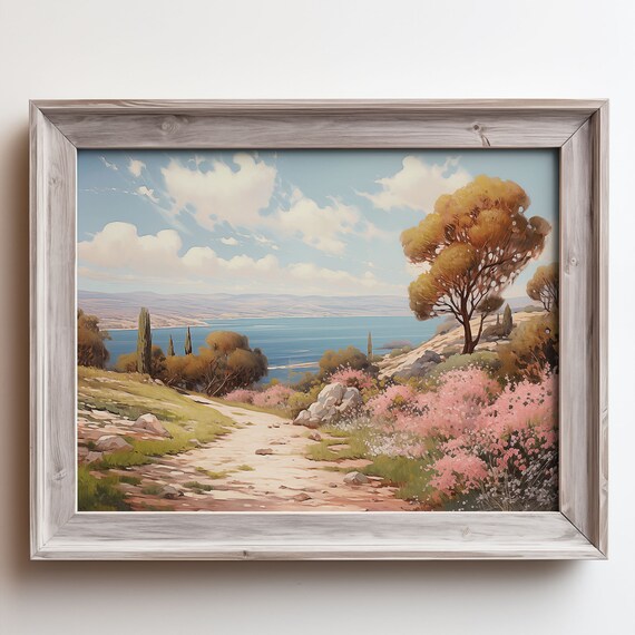 Hill Path with Pink Wildflowers Overlooking the Bay Oil Painting Poster