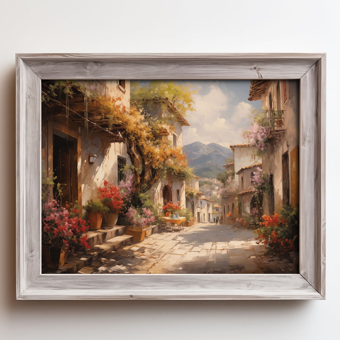 Mediterranean Street With Flowering Bougainvillea Mountains Poster