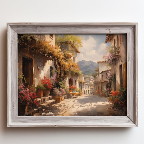 Mediterranean Street With Flowering Bougainvillea Mountains Poster