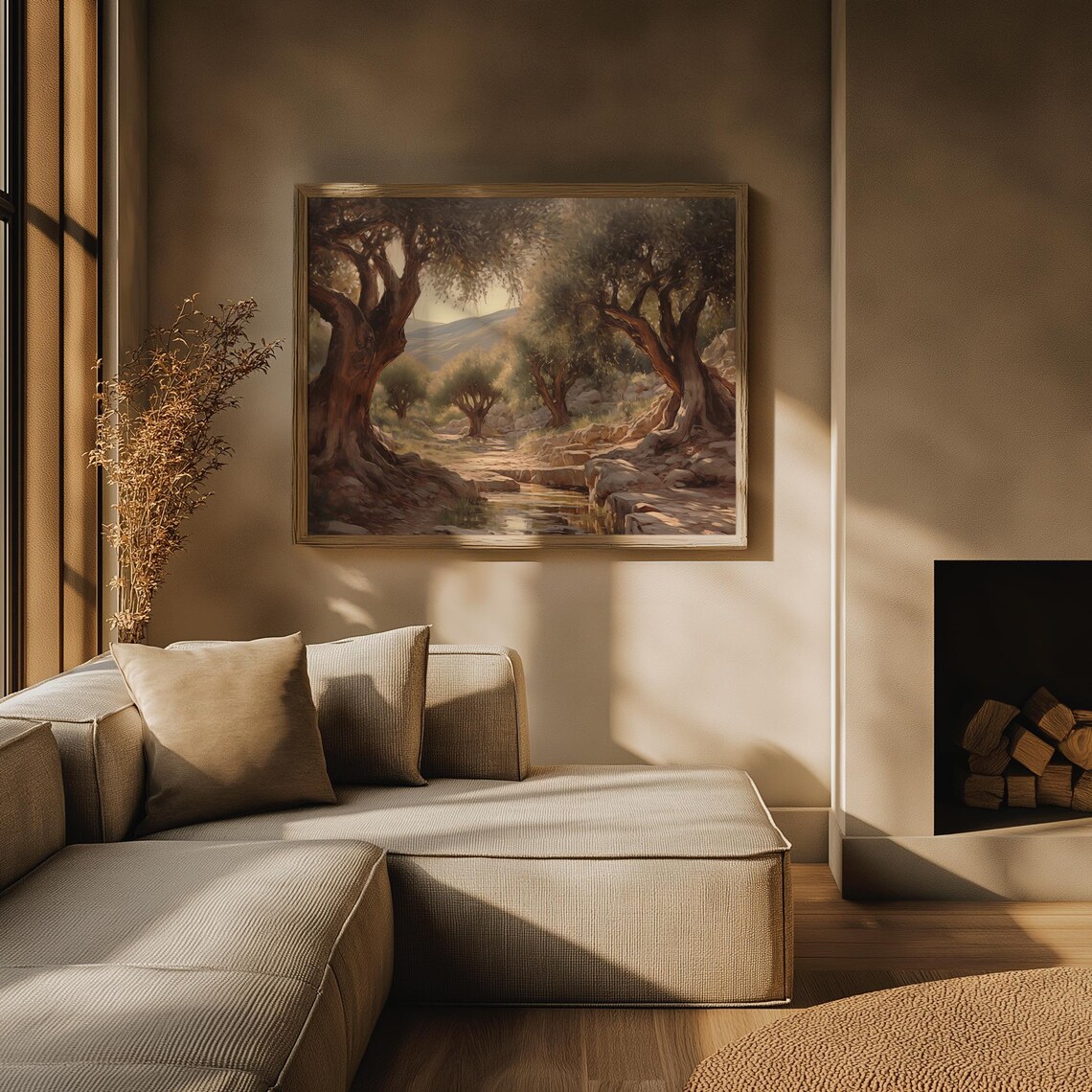 Olive Trees By Rocky Stream Golden Light Mediterranean Painting Poster - Image 4