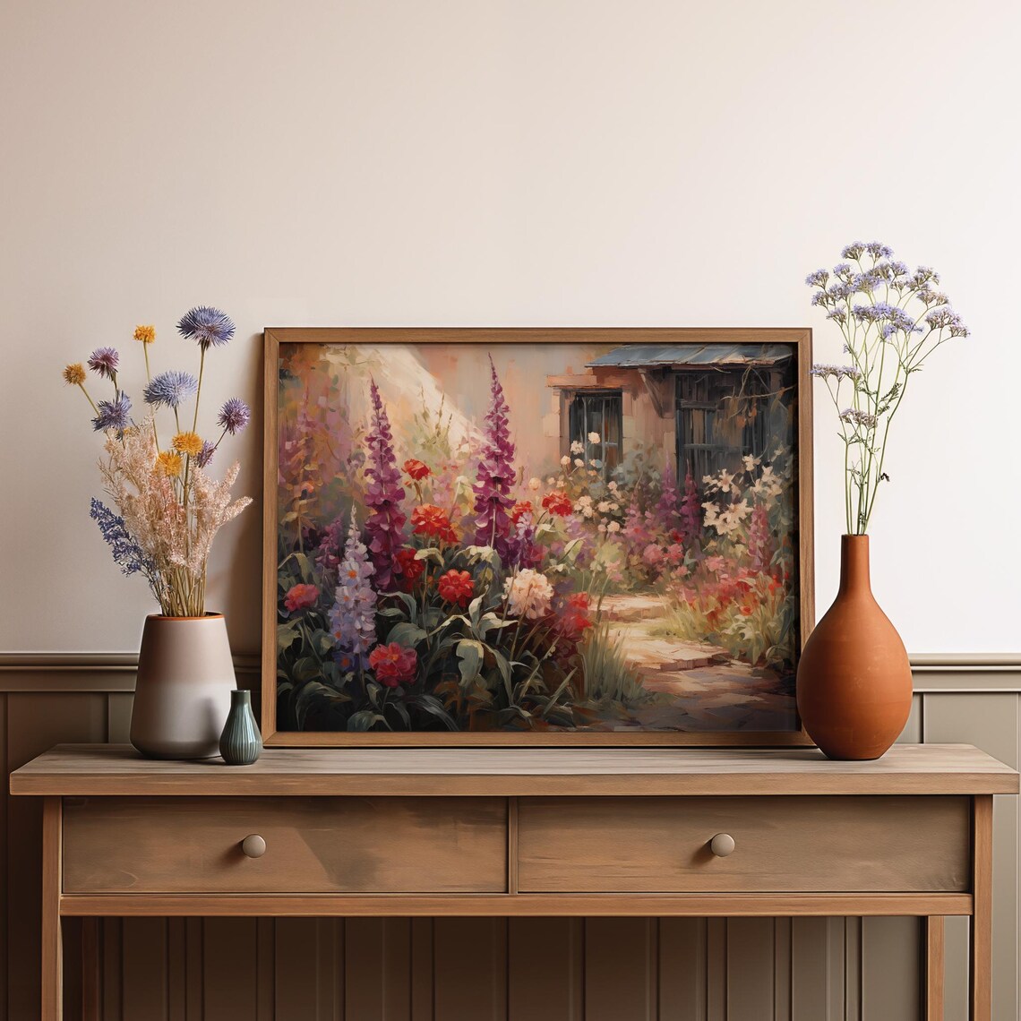 Tall Foxglove Garden Path Stone Steps Vintage Oil Painting Poster - Image 3