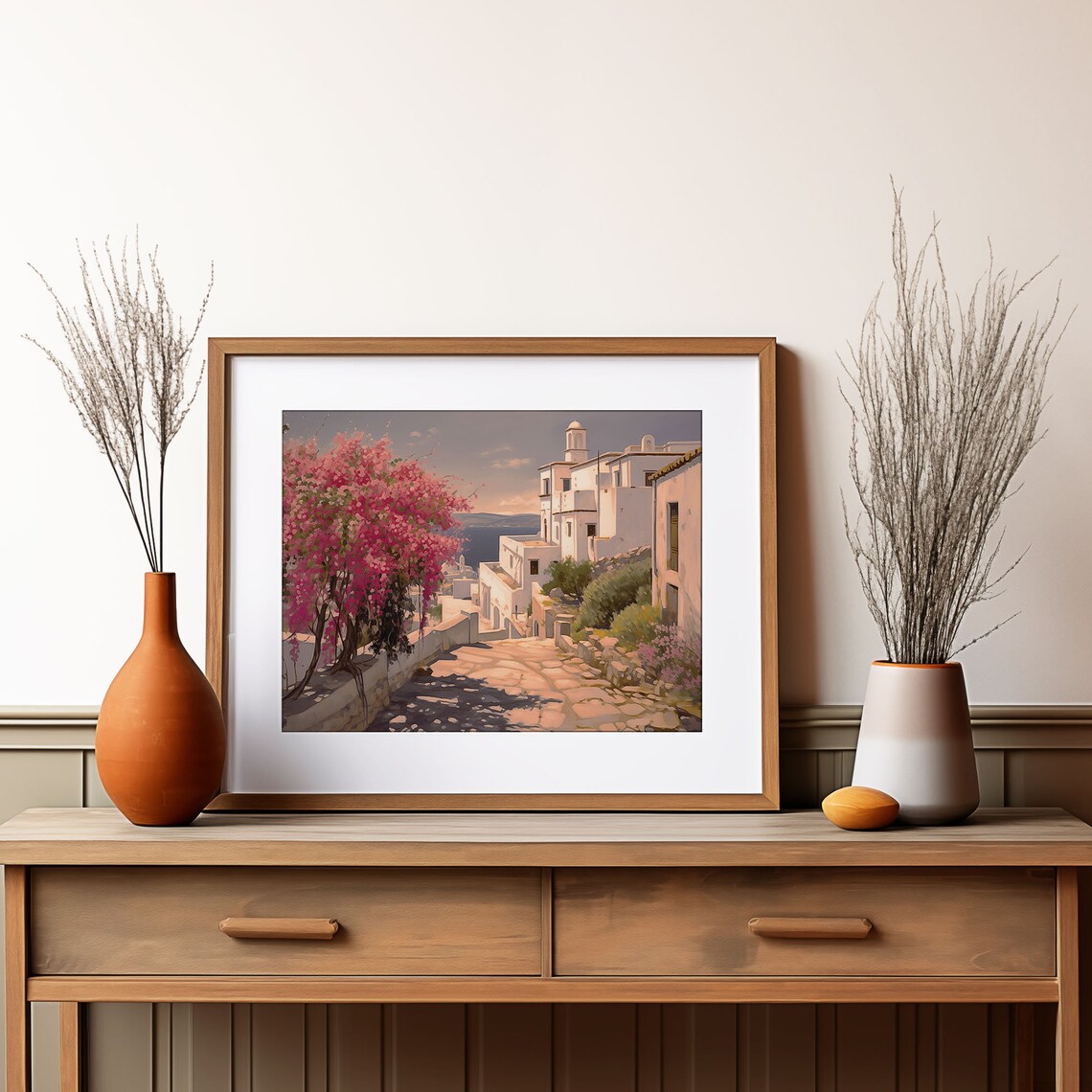 Greek Whitewashed Village Street Bougainvillea Sea Church Poster - Image 4