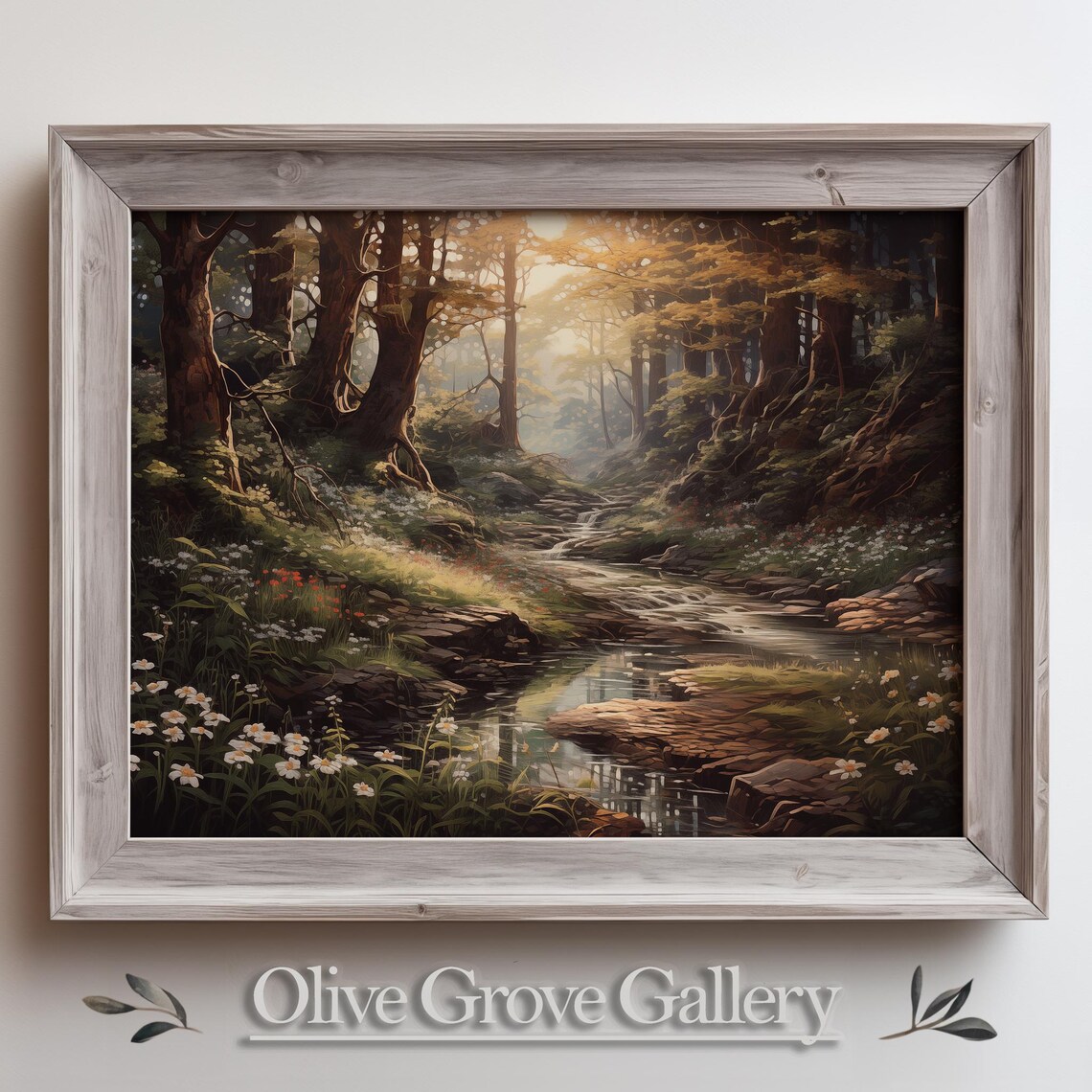 Golden Forest Stream Daisy Banks Vintage Oil Painting Poster