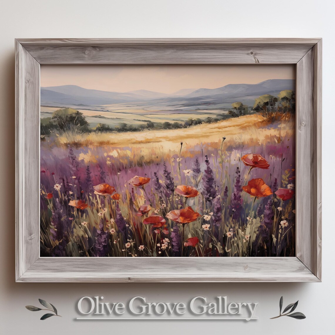 Red Poppy Purple Lavender Meadow Valley Sunset Oil Painting Poster