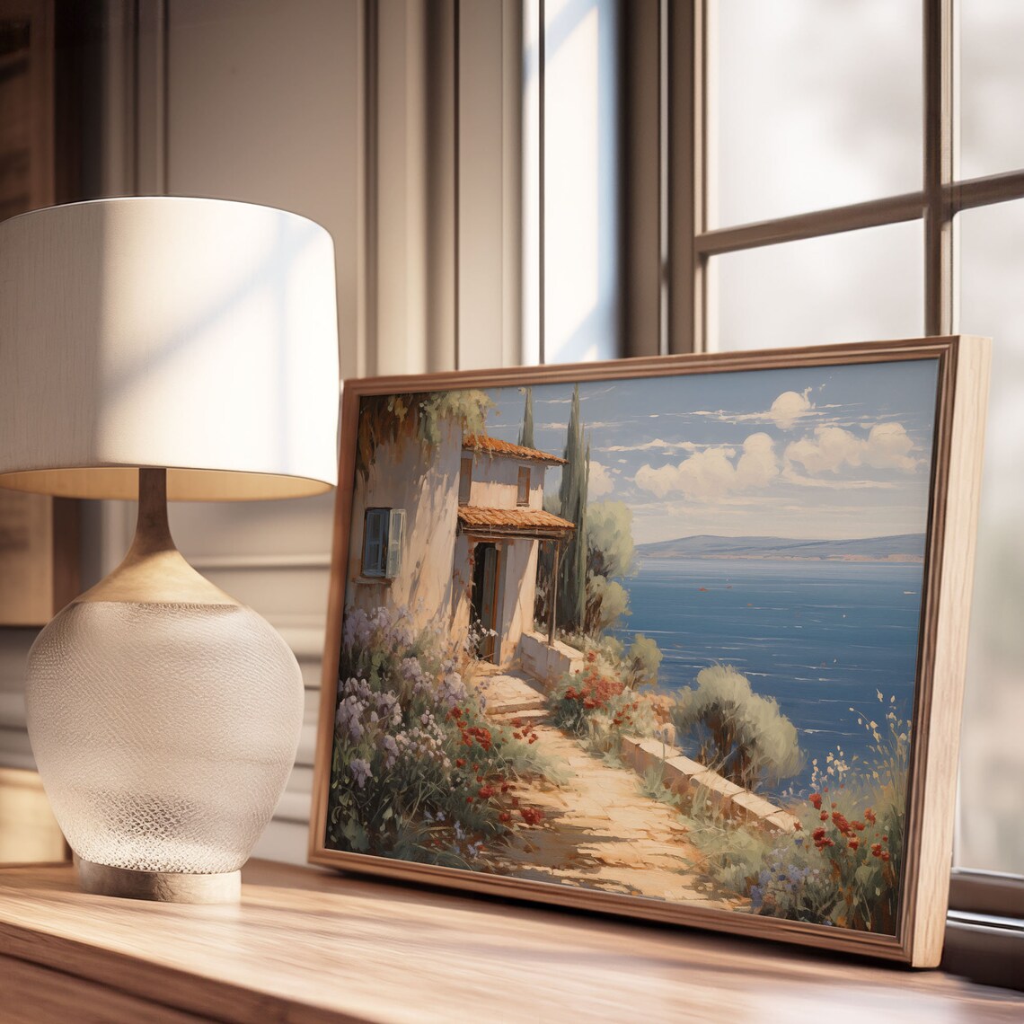 Mediterranean Villa Sea View Cypress Trees Vintage Oil Painting Poster - Image 3