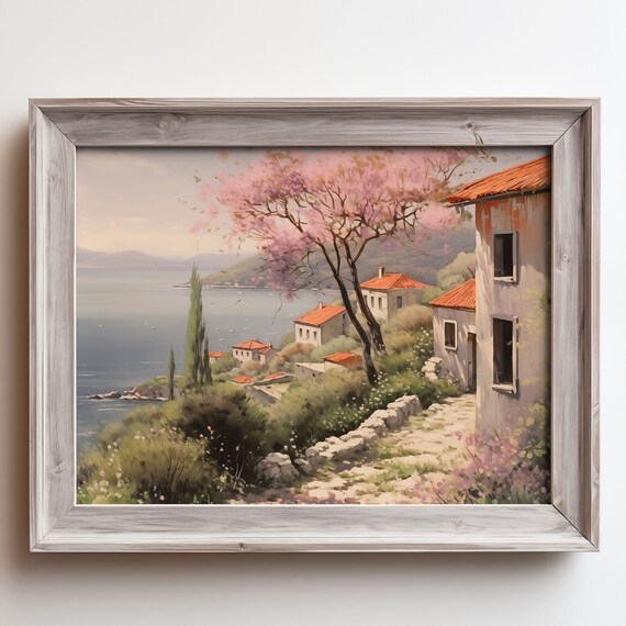 Spring Blossom Coastal Village Hillside Oil Painting Style Poster