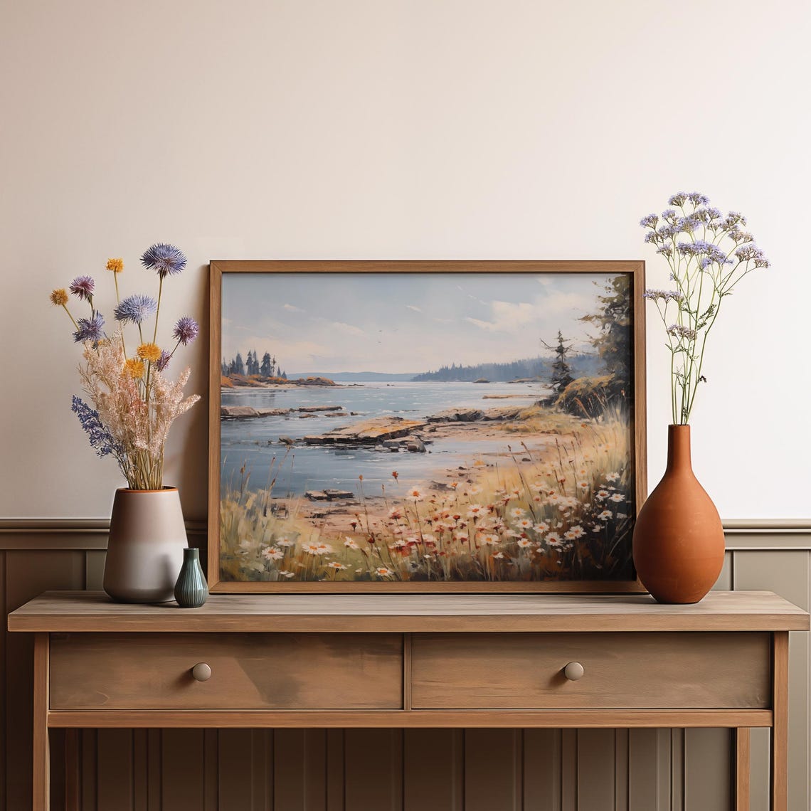 Tranquil Coastal Scene Painting Seaside Daisy Meadow Ocean View Poster - Image 3