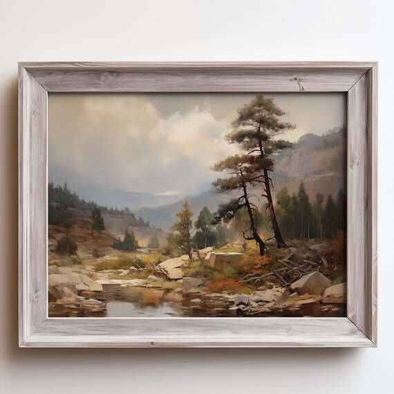 Mountain Pine Forest Stream Painting Misty Peak Nature Landscape Poster