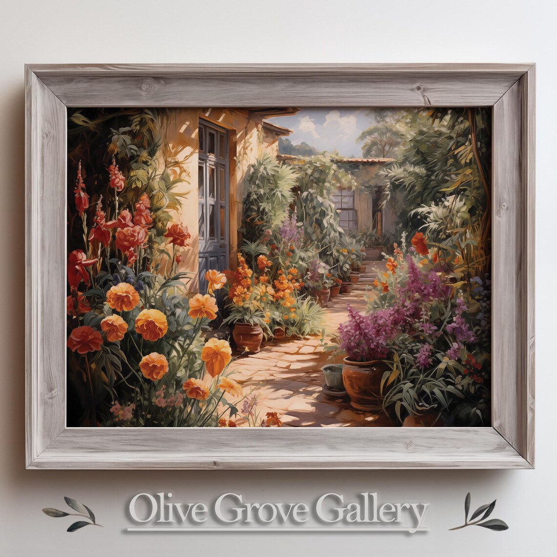 Lush Garden Courtyard Flower Path Stone House Garden Art Poster