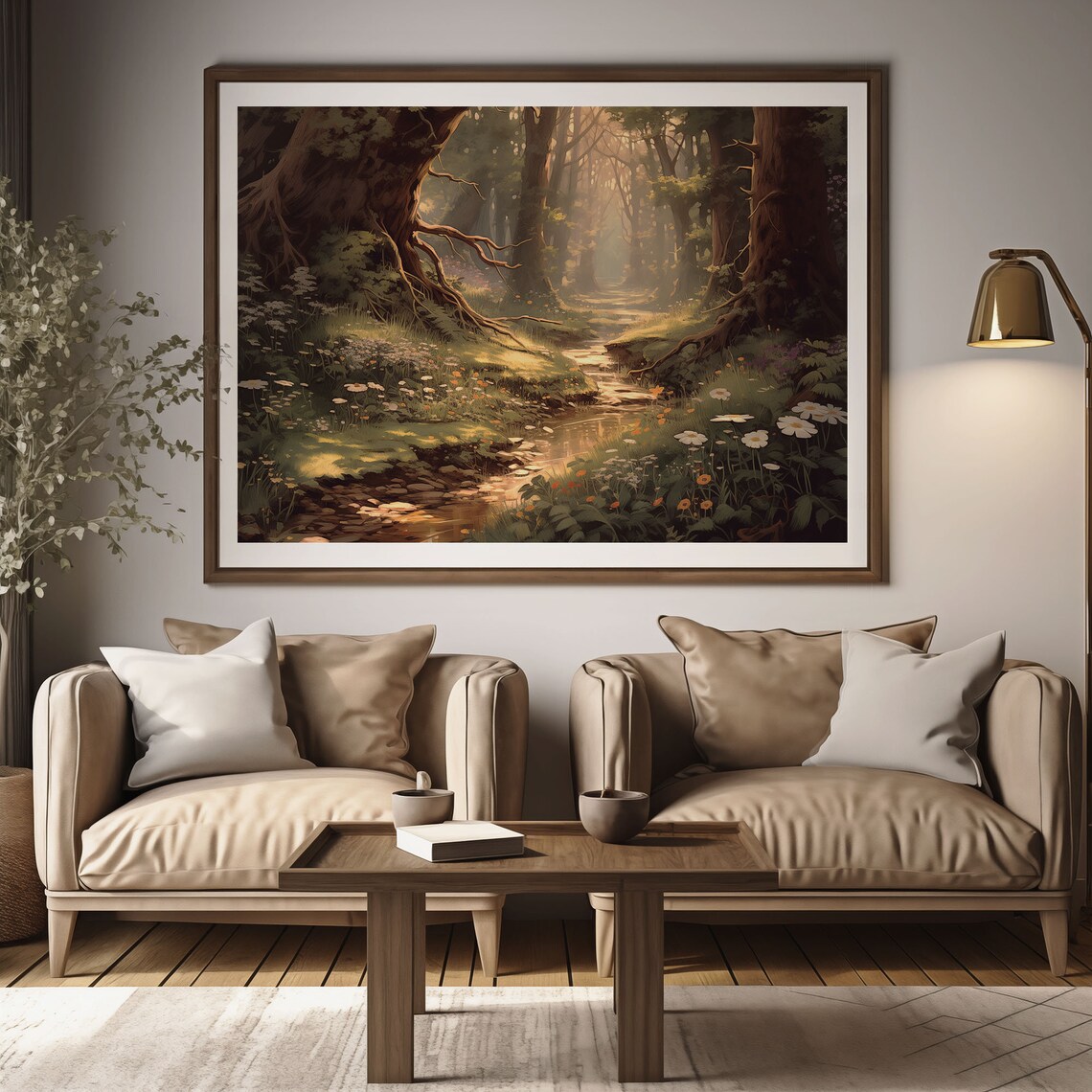Sunlit Forest Stream Enchanted Woods Wildflowers Oil Painting Poster - Image 2