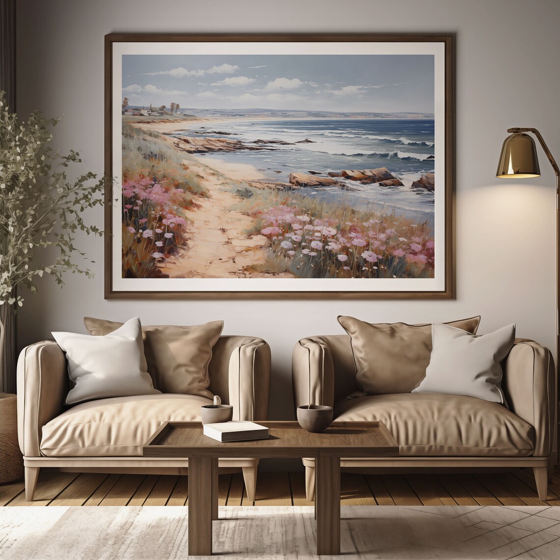 Ocean Waves Sandy Beach Path Pink Wildflowers Seascape Oil Painting Poster - Image 2