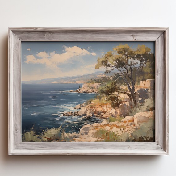 Rocky Coastal Cliffs Windswept Tree Blue Sea Oil Painting Poster