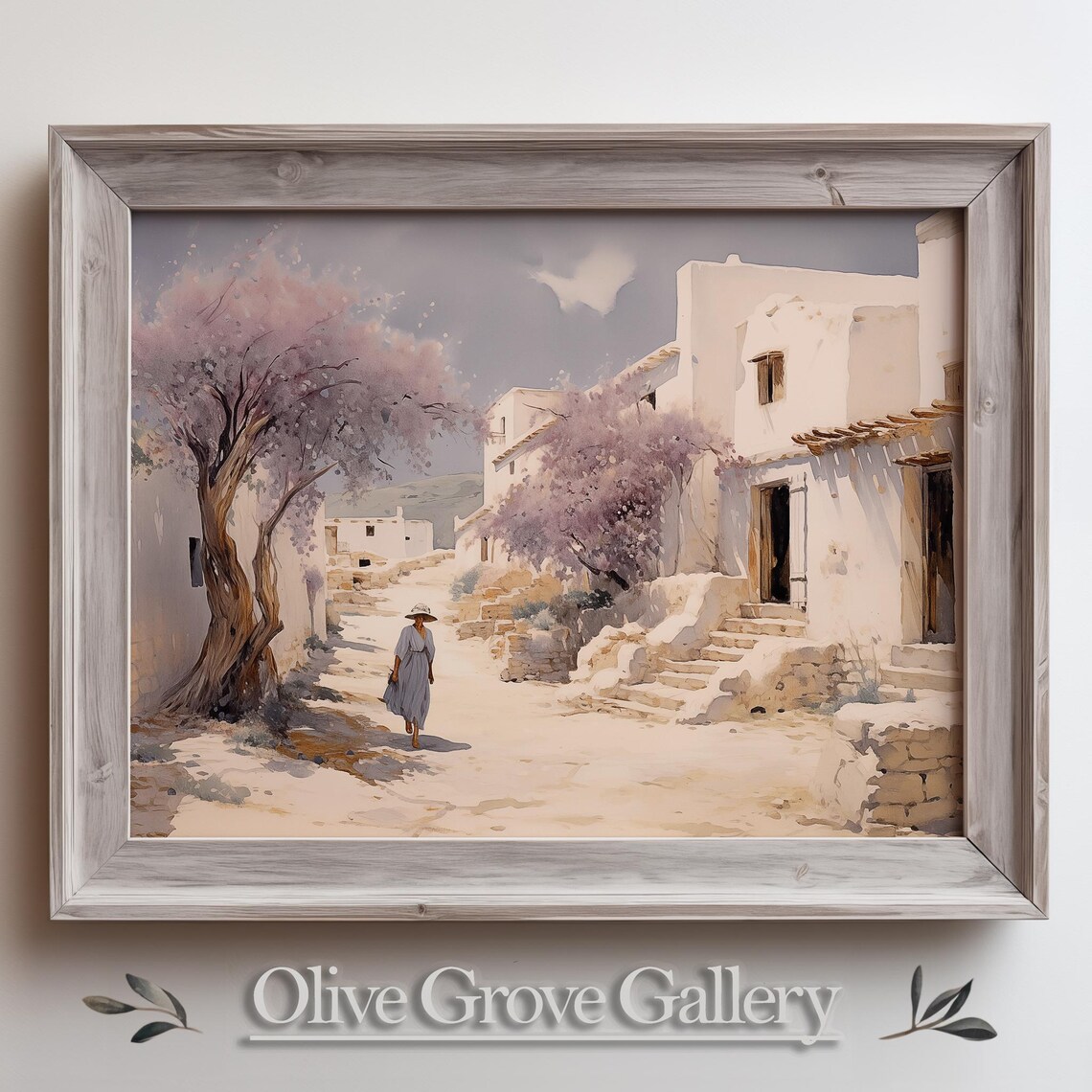 Woman Walking Whitewashed Village Street With Purple Trees Poster