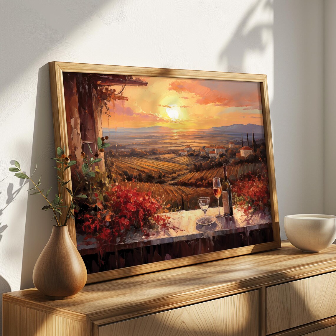 Wine Bottle And Glasses On Terrace Overlooking Vineyard Sunset Poster - Image 4