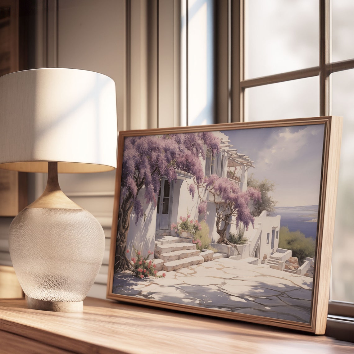 Whitewashed Greek House With Purple Wisteria Overlooking Sea Wall Art - Image 3