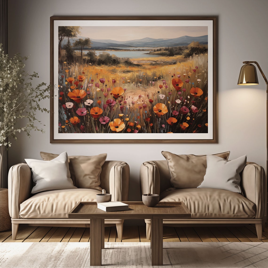 Wild Poppy Meadow By A Blue Lake Golden Mountain Landscape Wall Art - Image 2