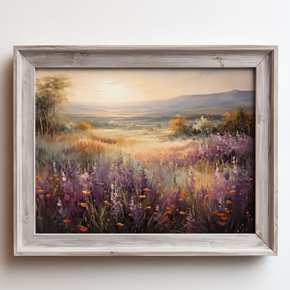 Purple Lavender Field Sunrise Valley Landscape Oil Painting Poster