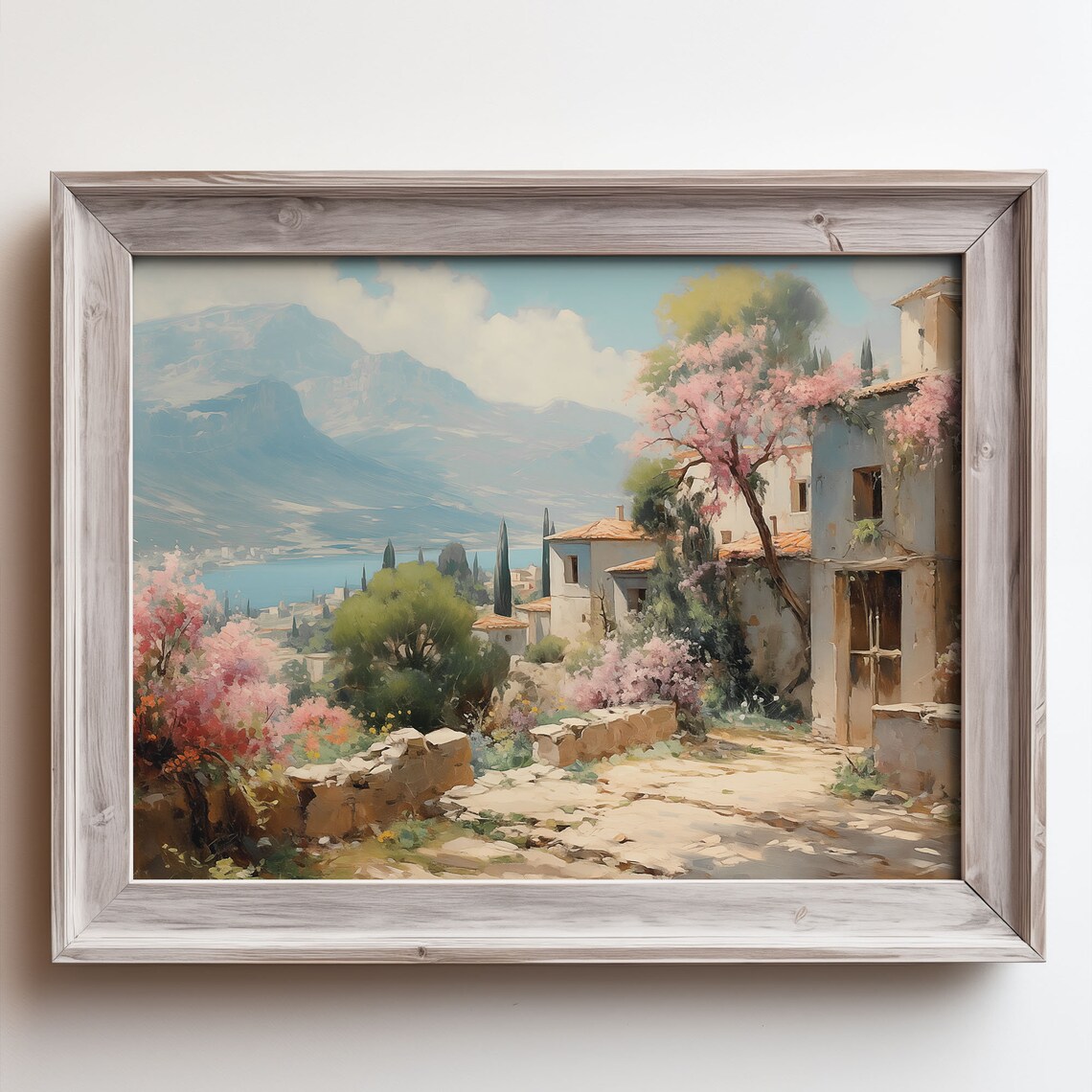Spring Blossom Village with Mountain Lake Oil Painting Poster