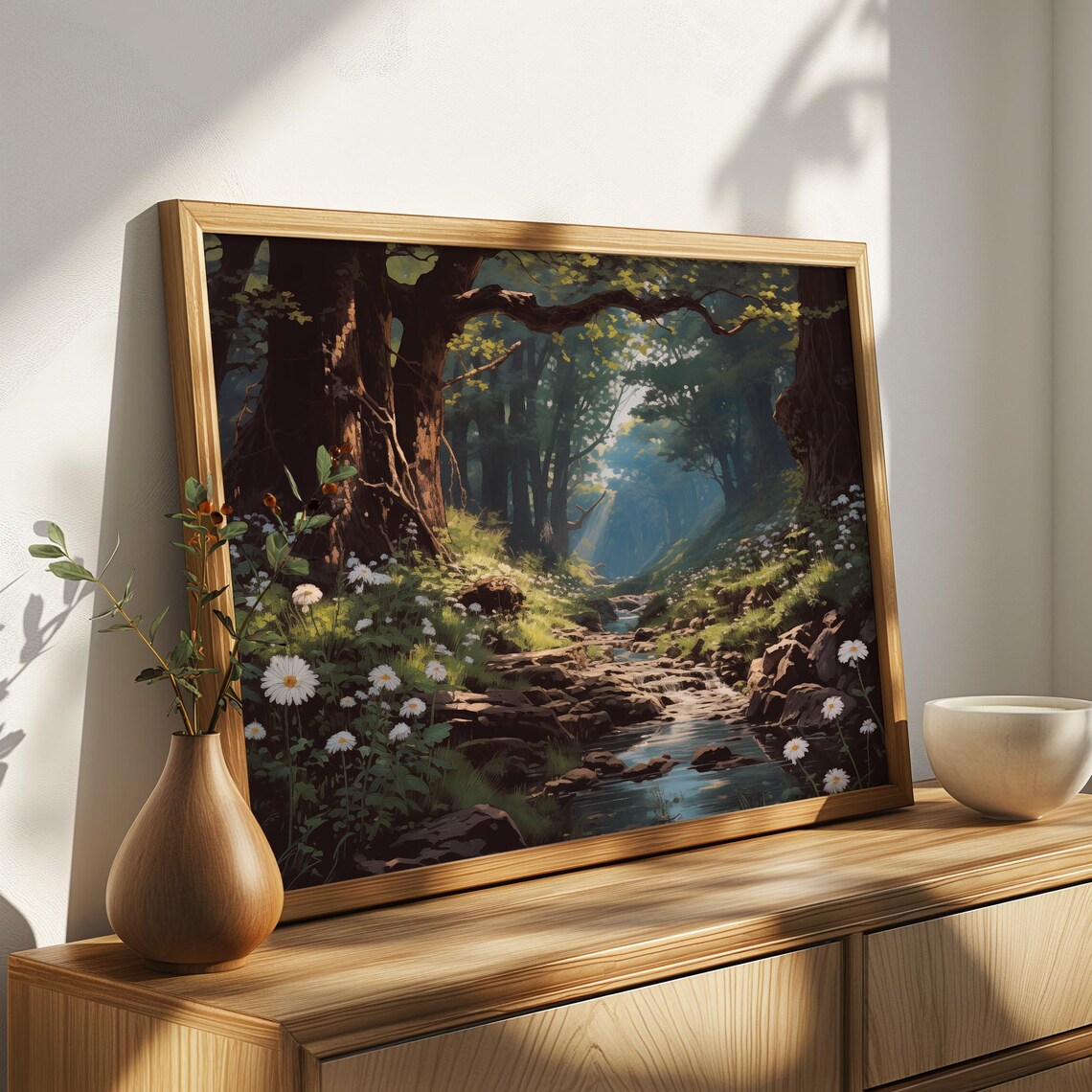 Serene Sunlit Forest Stream Woodland Daisy Meadow Painting Poster - Image 4