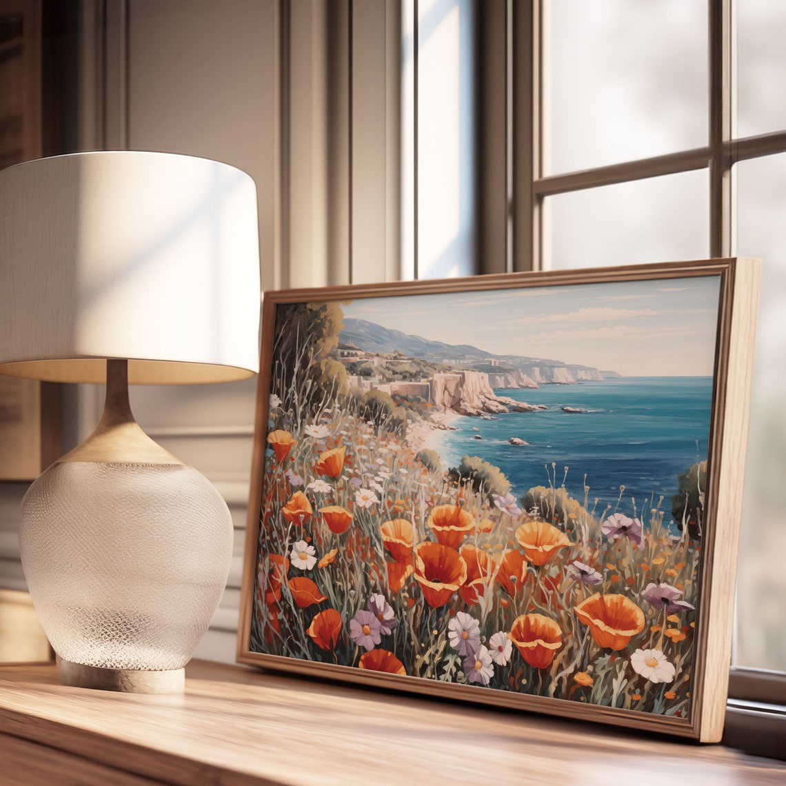 Orange Poppies On Coastal Cliffs Overlooking A Blue Sea Vintage Poster - Image 3