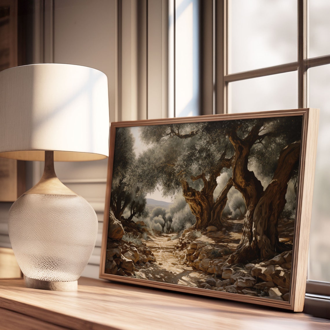 Ancient Olive Grove Painting Rocky Path Gnarled Trees Sunlight Poster - Image 3