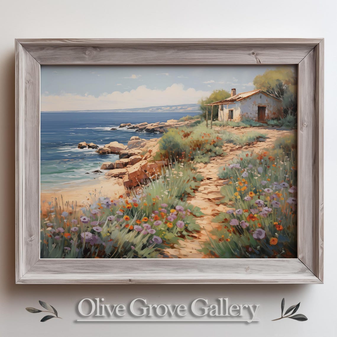 Seaside Rocky Coastal Cottage Path Blue Sea Wildflower Poster