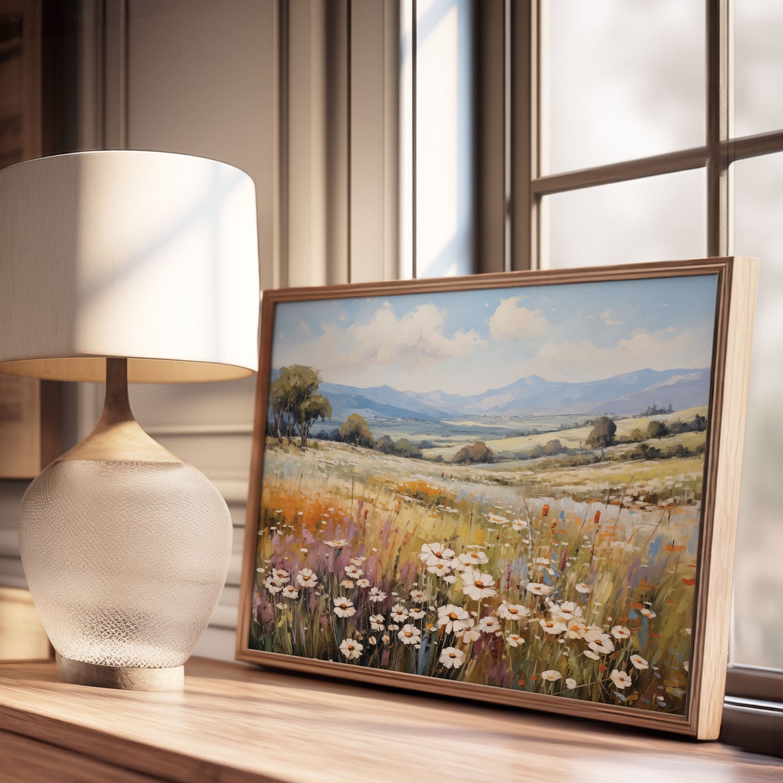 Daisy Meadow With Rolling Hills And Mountains Blue Sky Poster - Image 3