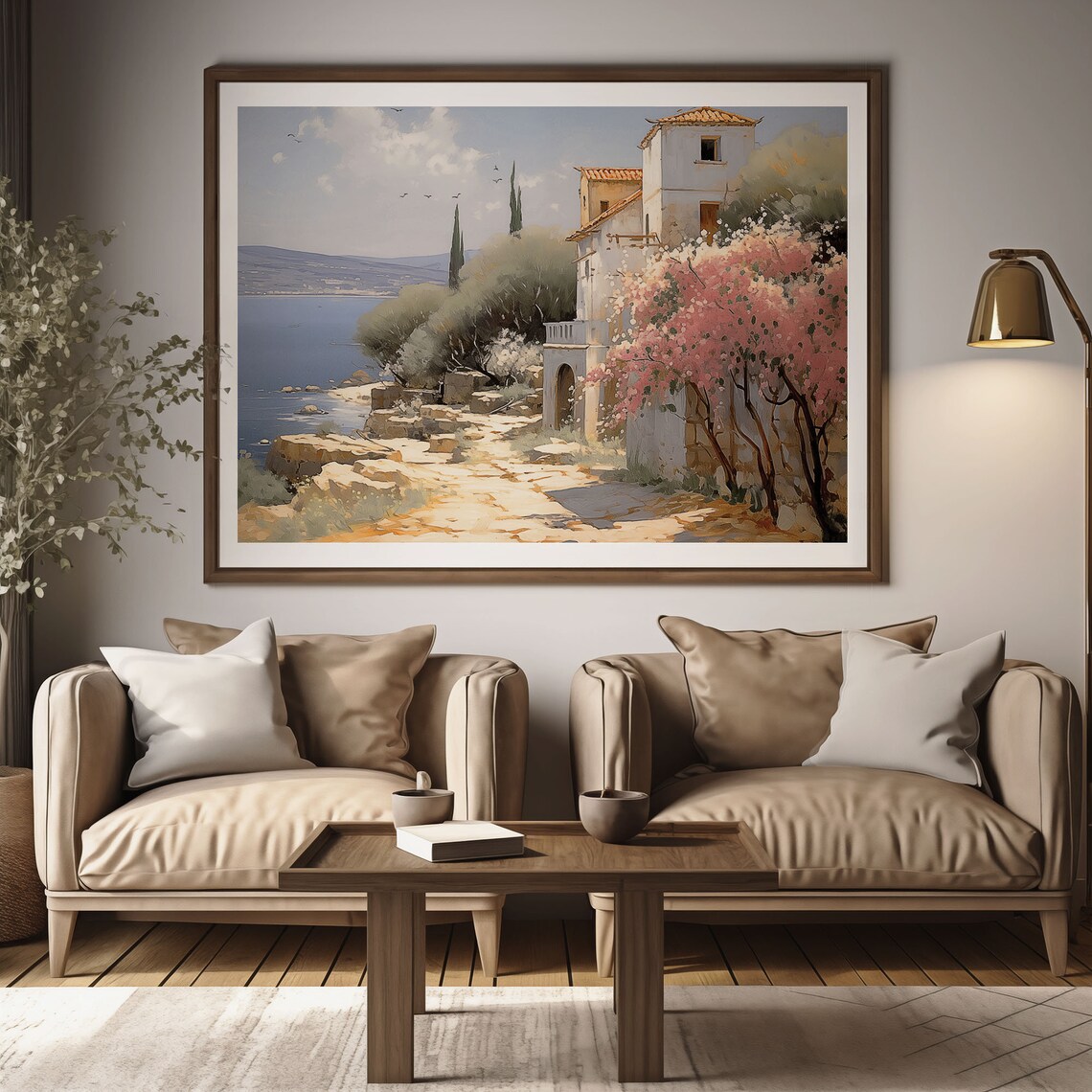 Mediterranean Seaside House Blossom Coastal Oil Painting Poster - Image 2