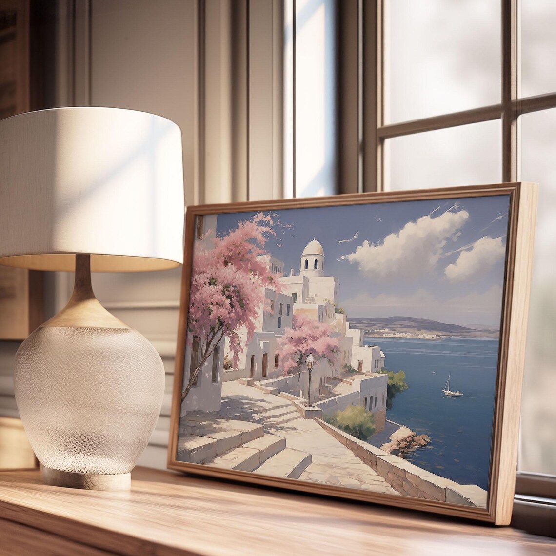Greek Island Village With Blossoms And Harbor Sailboats Vintage Poster - Image 2