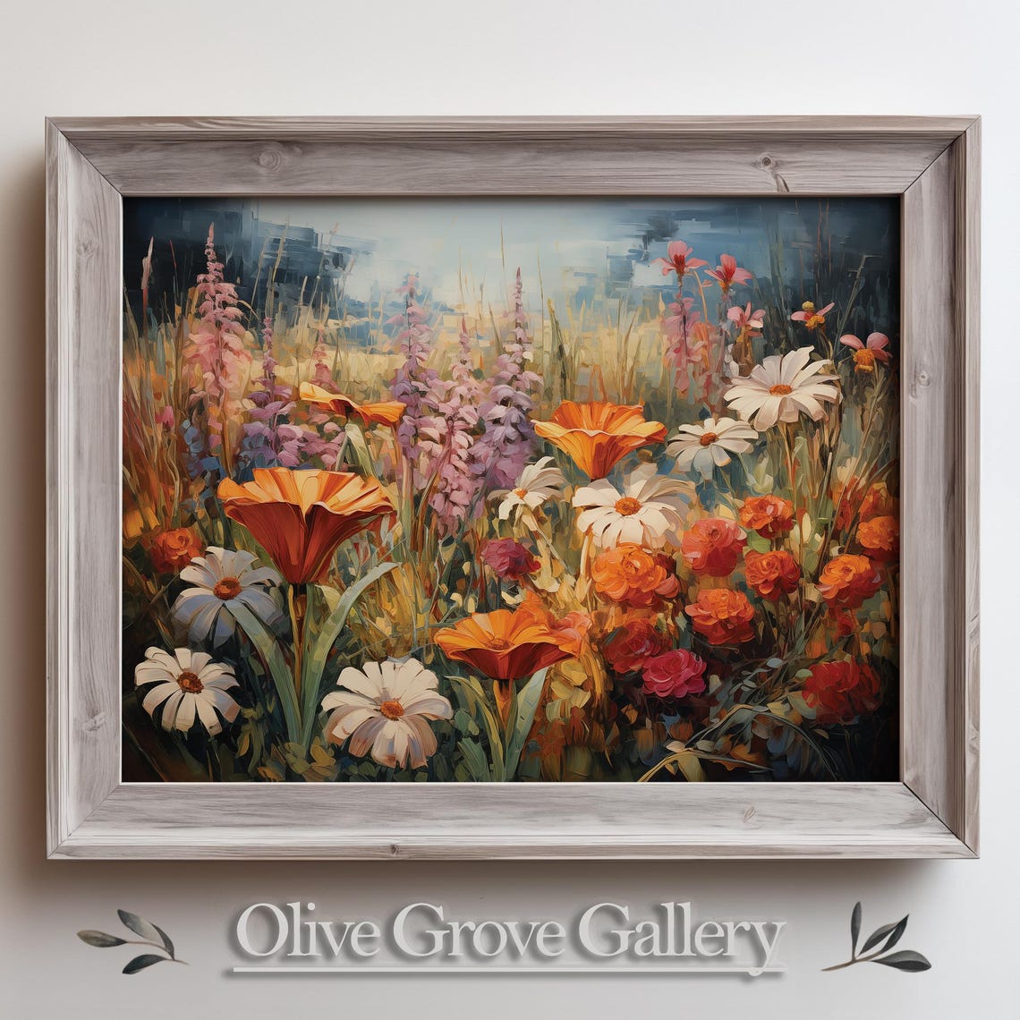 Vivid Orange Poppy Daisy Wildflower Field Against Deep Sky Poster