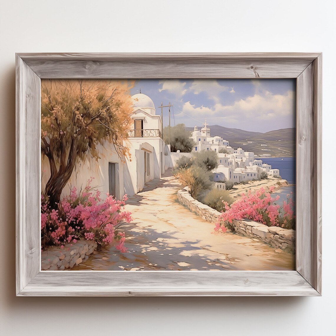 Santorini White Village Lane Pink Flowers Blue Domed Church Poster