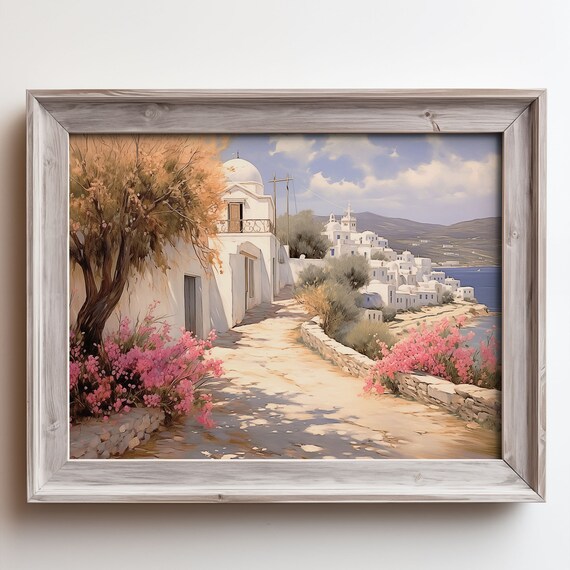 Santorini White Village Lane Pink Flowers Blue Domed Church Poster