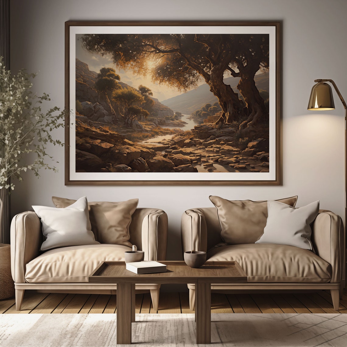 Sunset River Valley With Ancient Oak Trees Golden Landscape Print - Image 2